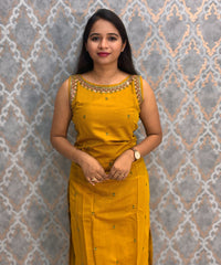 Mustard Yellow and Green Color Designer Ethnic 3 Piece Salwar Set with Lining (With Sleeves) /  ESS394