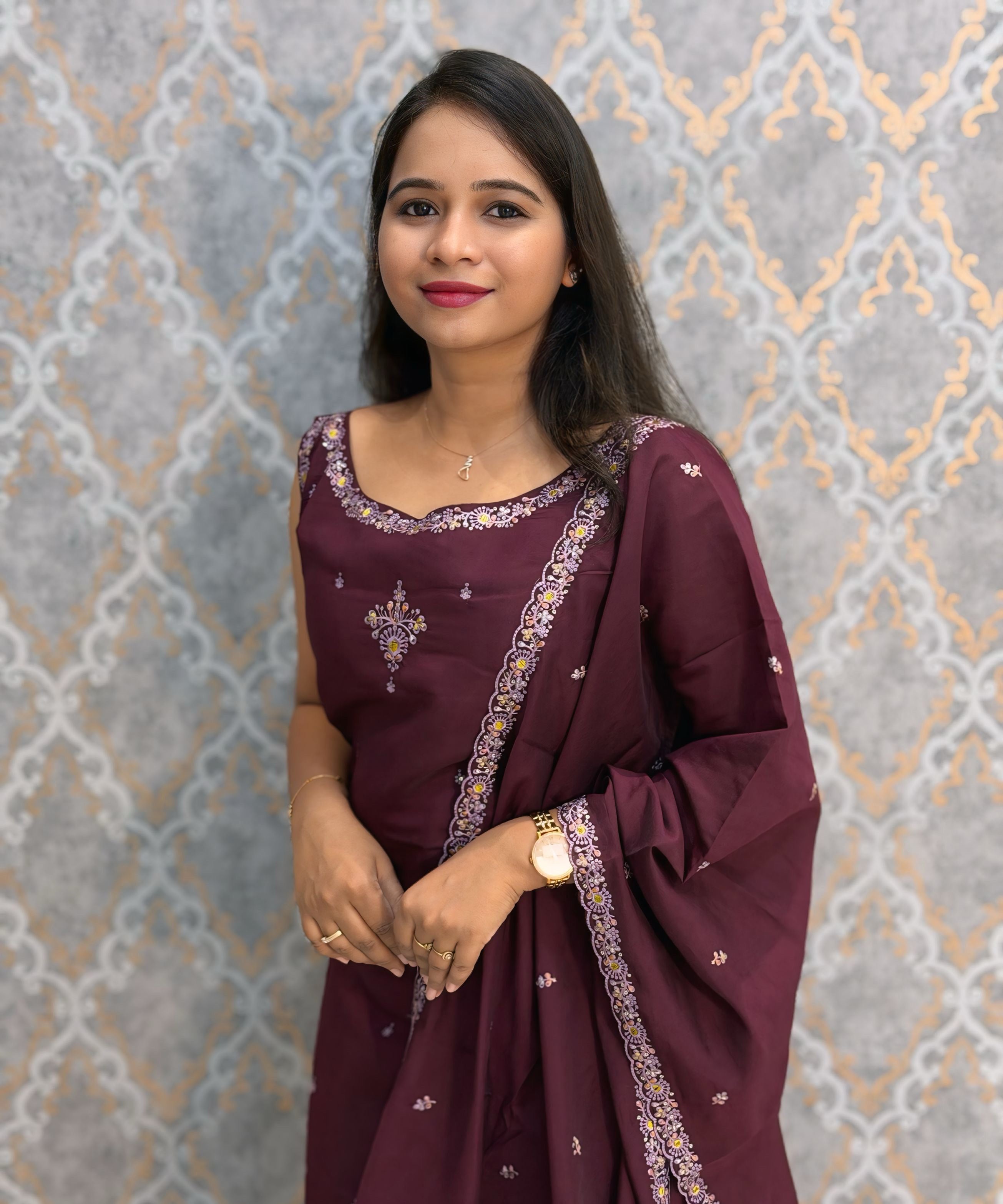 Purple Color Designer Ethnic 3 Piece Salwar Set with Lining (With Sleeves) /  ESS394