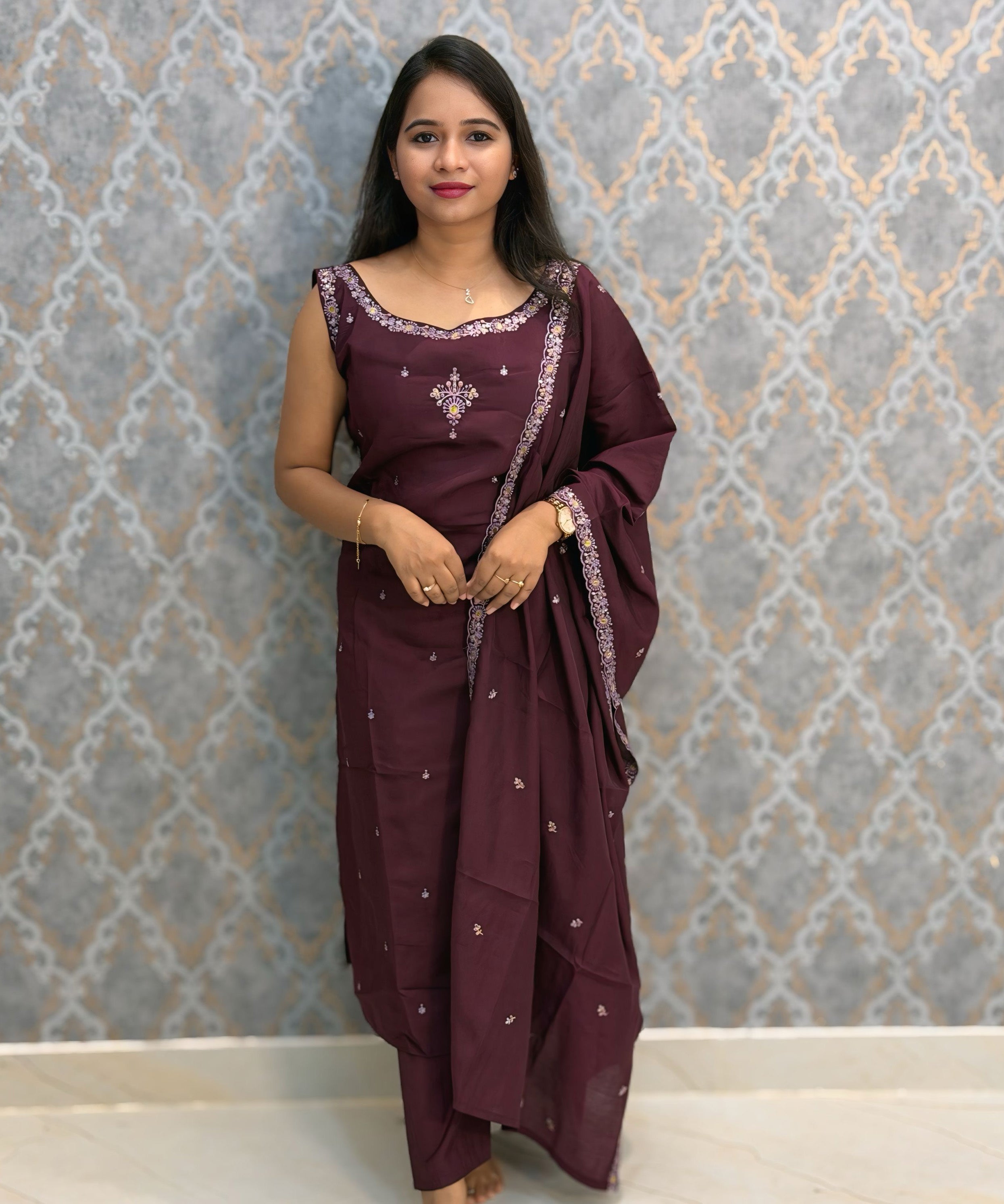 Purple Color Designer Ethnic 3 Piece Salwar Set with Lining (With Sleeves) /  ESS394