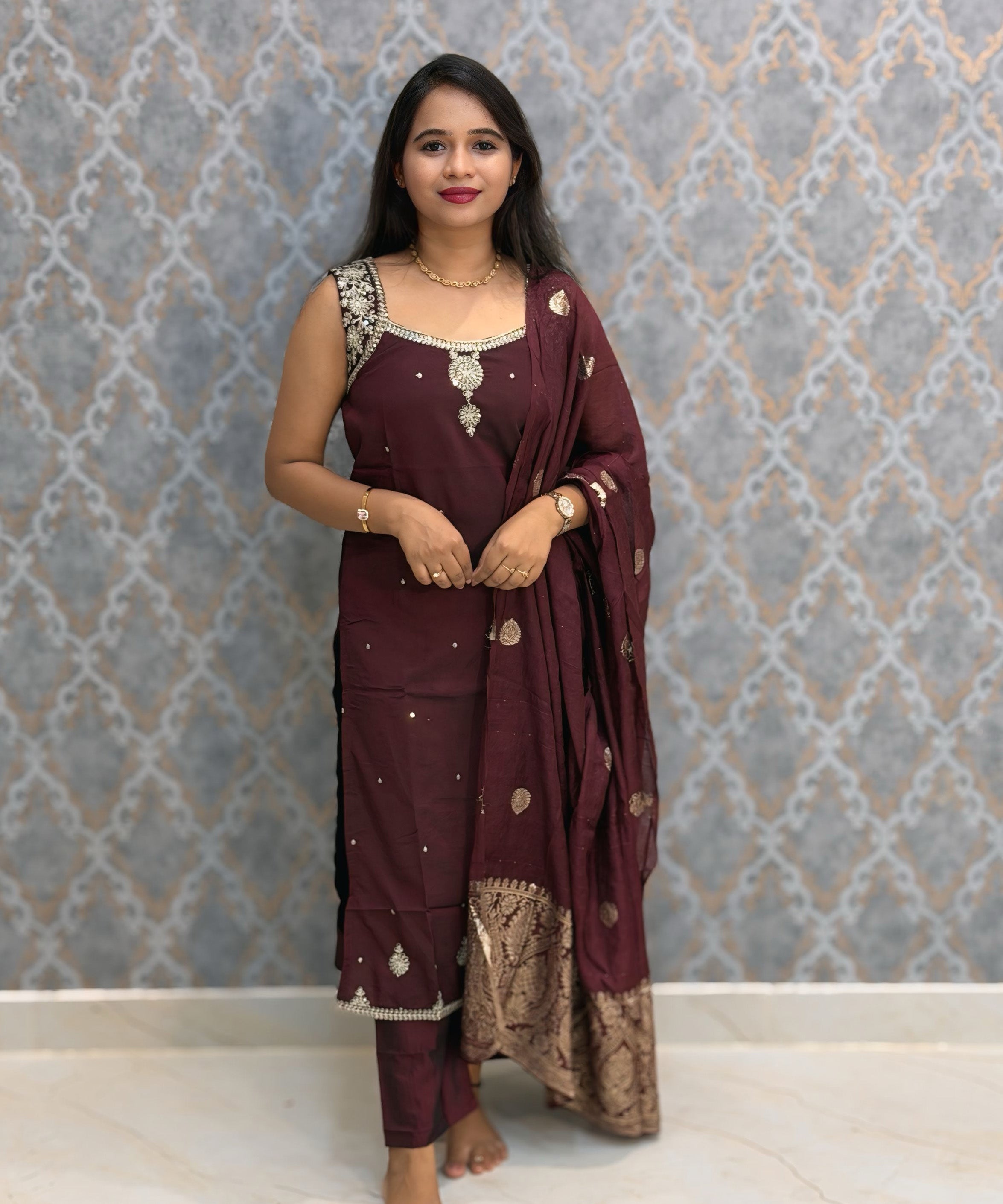 Dark Maroon Color Designer Ethnic 3 Piece Salwar Set with Lining (With Sleeves) /  ESS396