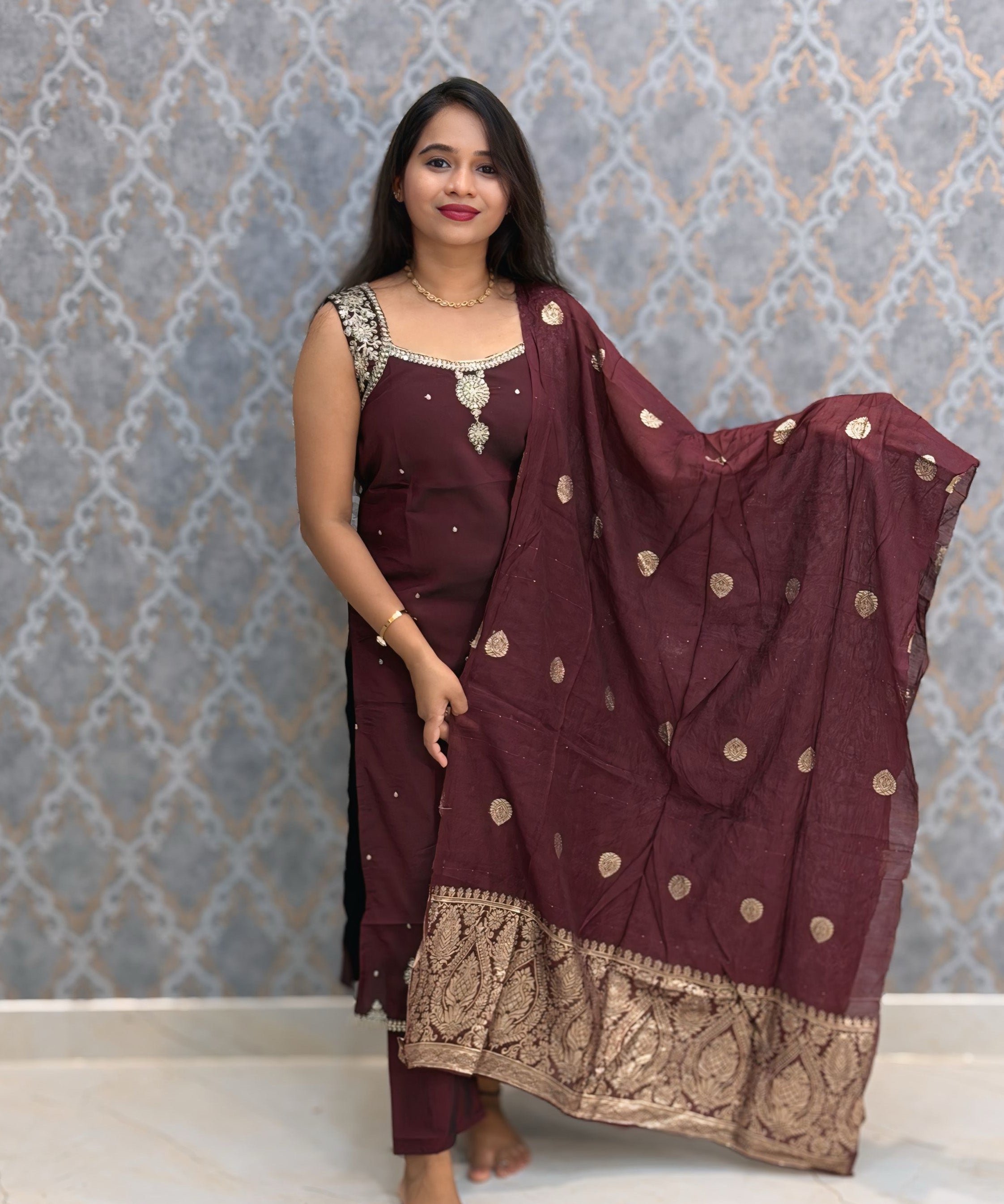Dark Maroon Color Designer Ethnic 3 Piece Salwar Set with Lining (With Sleeves) /  ESS396