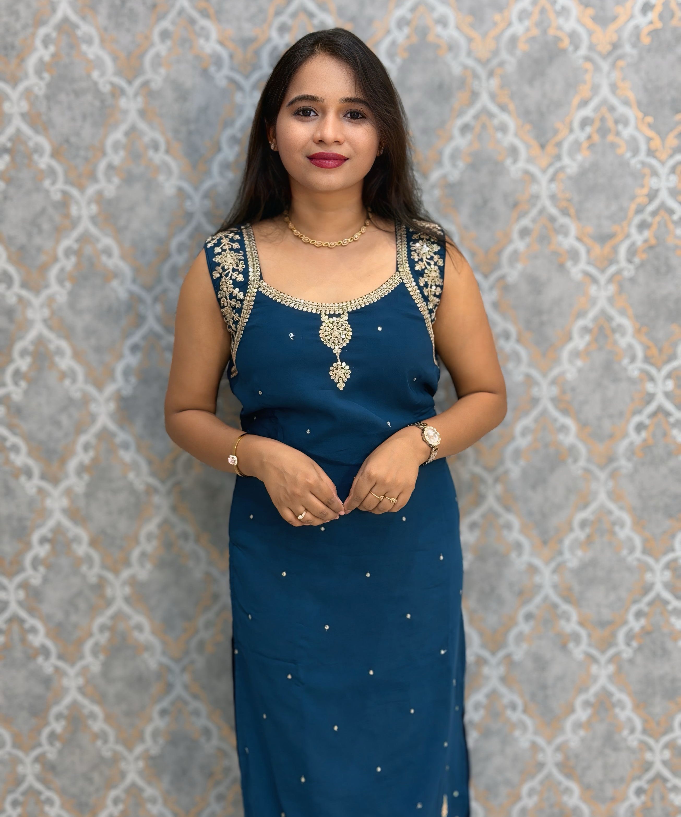 Teal Blue Color Designer Ethnic 3 Piece Salwar Set with Lining (With Sleeves) /  ESS396