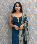 Teal Blue Color Designer Ethnic 3 Piece Salwar Set with Lining (With Sleeves) /  ESS396