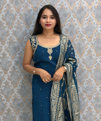 Teal Blue Color Designer Ethnic 3 Piece Salwar Set with Lining (With Sleeves) /  ESS396