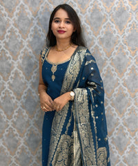 Teal Blue Color Designer Ethnic 3 Piece Salwar Set with Lining (With Sleeves) /  ESS396
