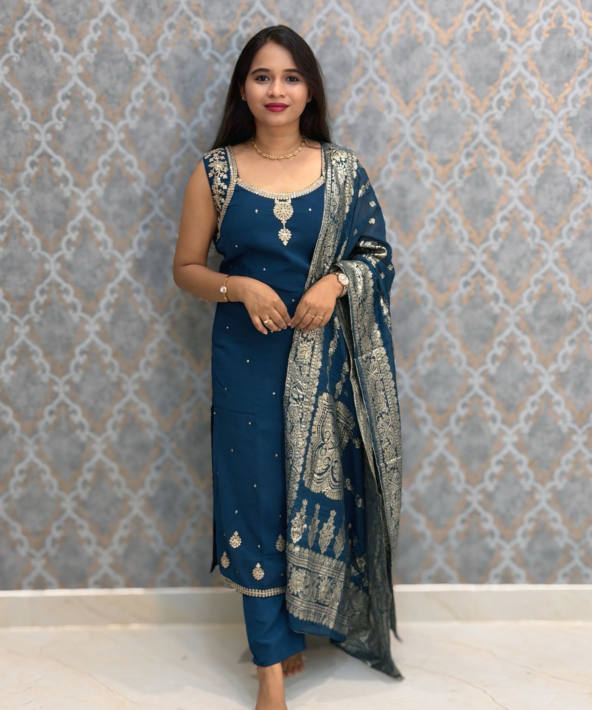 Teal Blue Color Designer Ethnic 3 Piece Salwar Set with Lining (With Sleeves) /  ESS396
