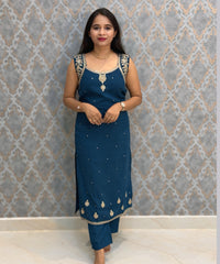 Teal Blue Color Designer Ethnic 3 Piece Salwar Set with Lining (With Sleeves) /  ESS396