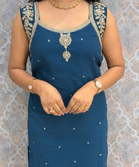 Teal Blue Color Designer Ethnic 3 Piece Salwar Set with Lining (With Sleeves) /  ESS396