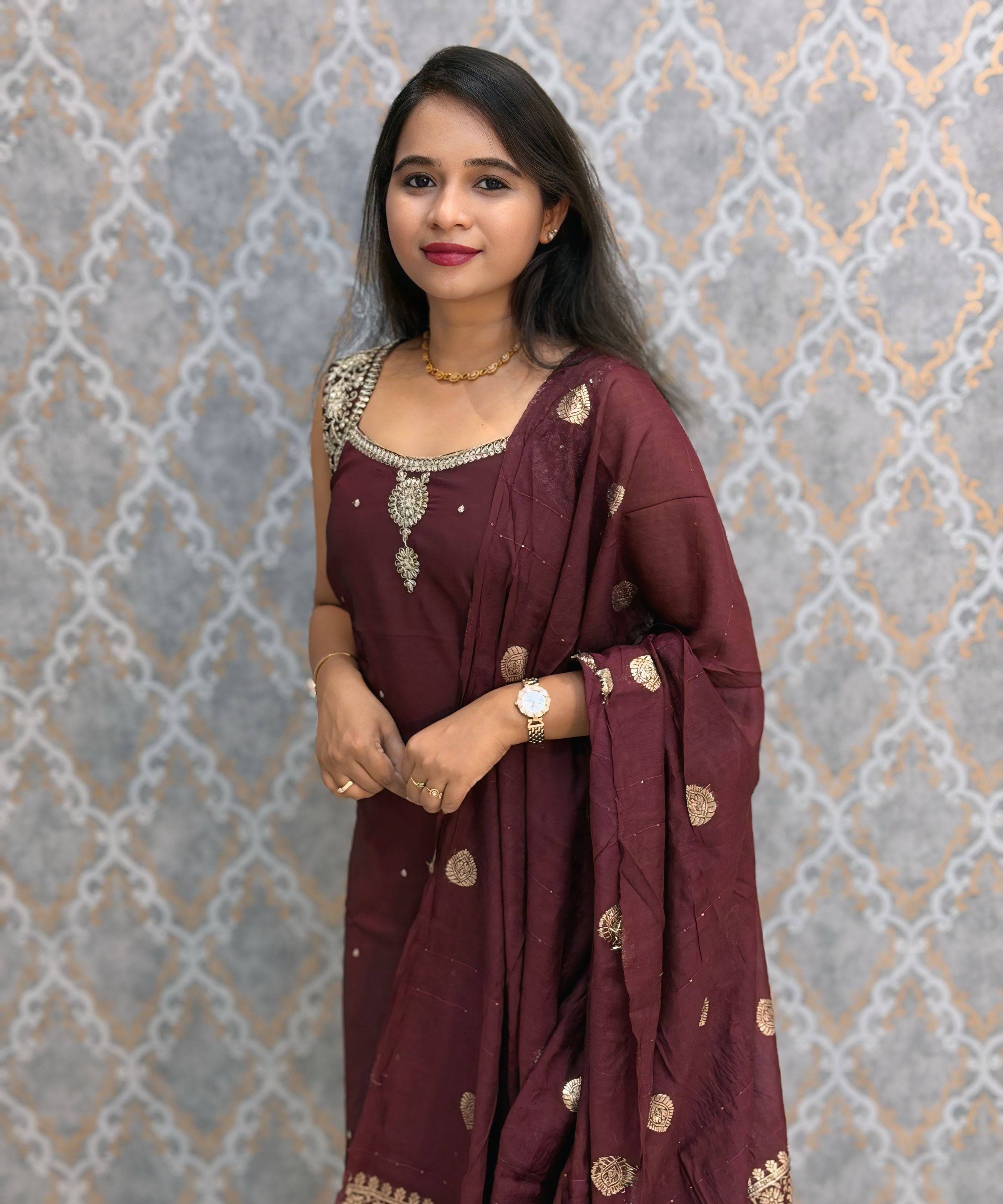 Dark Maroon Color Designer Ethnic 3 Piece Salwar Set with Lining (With Sleeves) /  ESS396