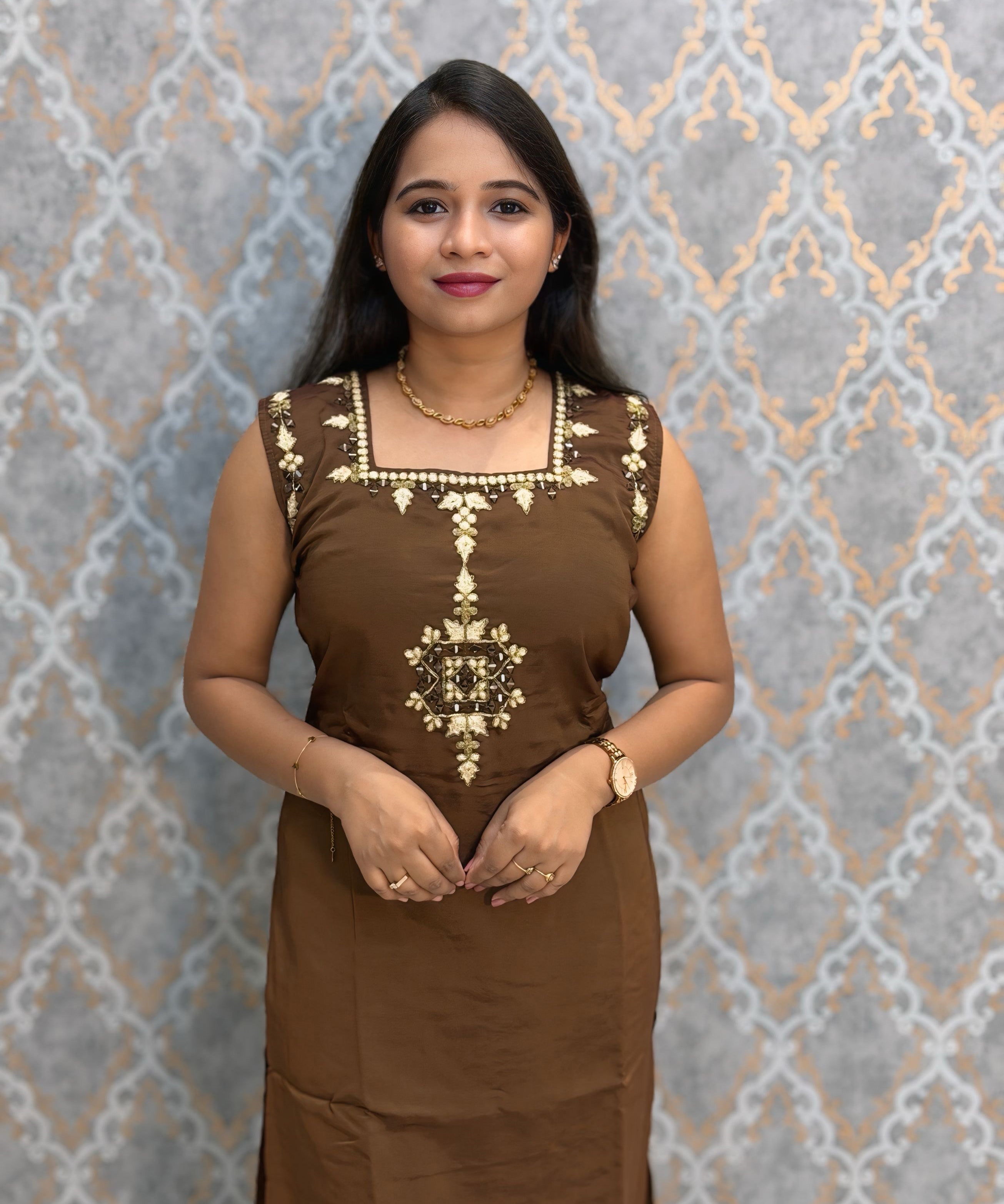 Brown and Beige Color Designer Ethnic 3 Piece Salwar Set with Lining (With Sleeves) /  ESS412