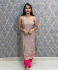 Rose Taupe Silver and Rani Pink Color Designer Ethnic 3 Piece Salwar Set with Lining (With Sleeves) /  ESS412