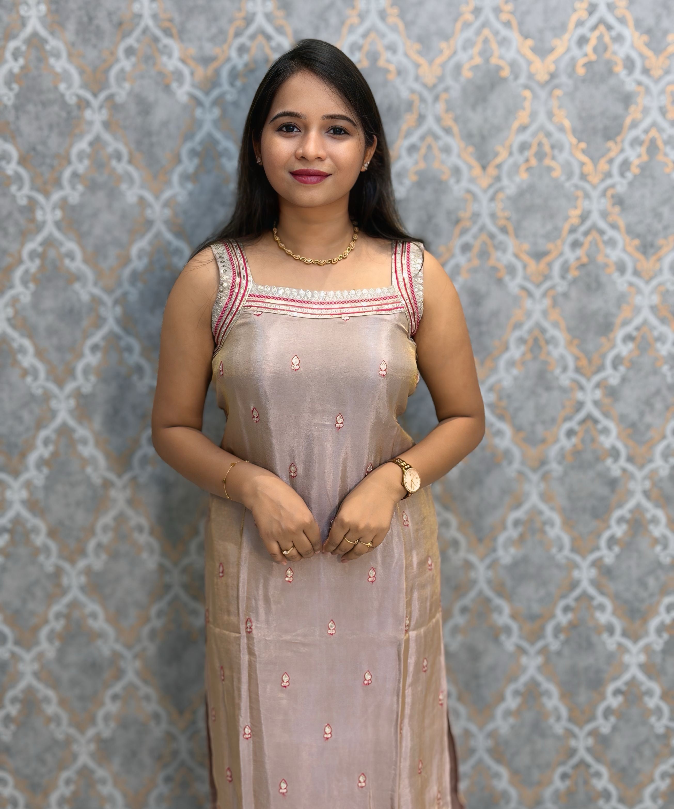 Rose Taupe Silver and Rani Pink Color Designer Ethnic 3 Piece Salwar Set with Lining (With Sleeves) /  ESS412