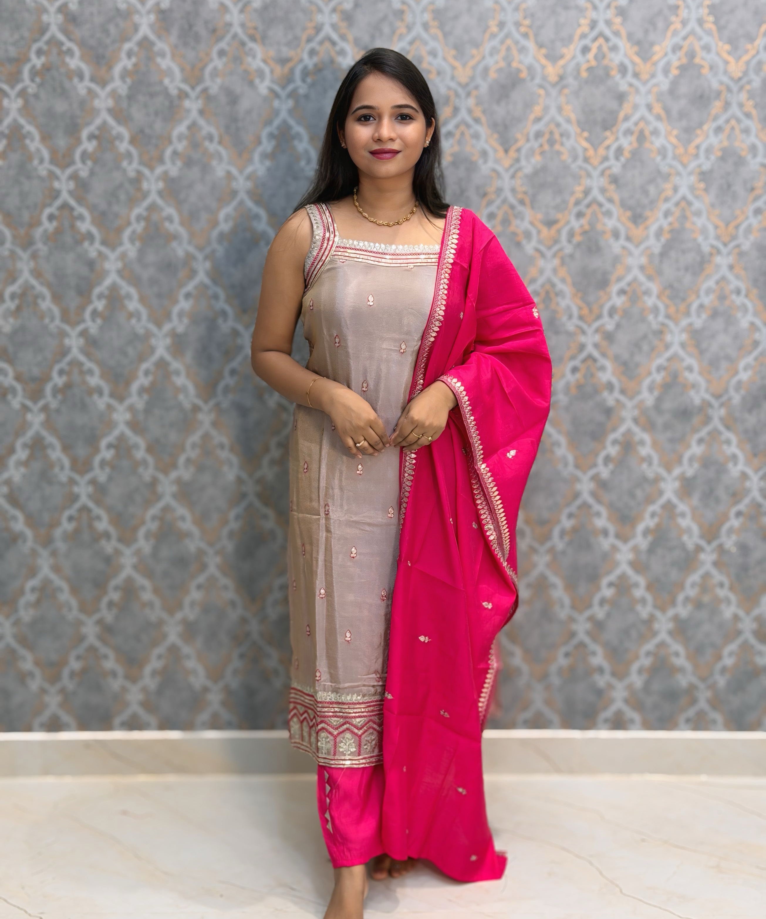 Rose Taupe Silver and Rani Pink Color Designer Ethnic 3 Piece Salwar Set with Lining (With Sleeves) /  ESS412