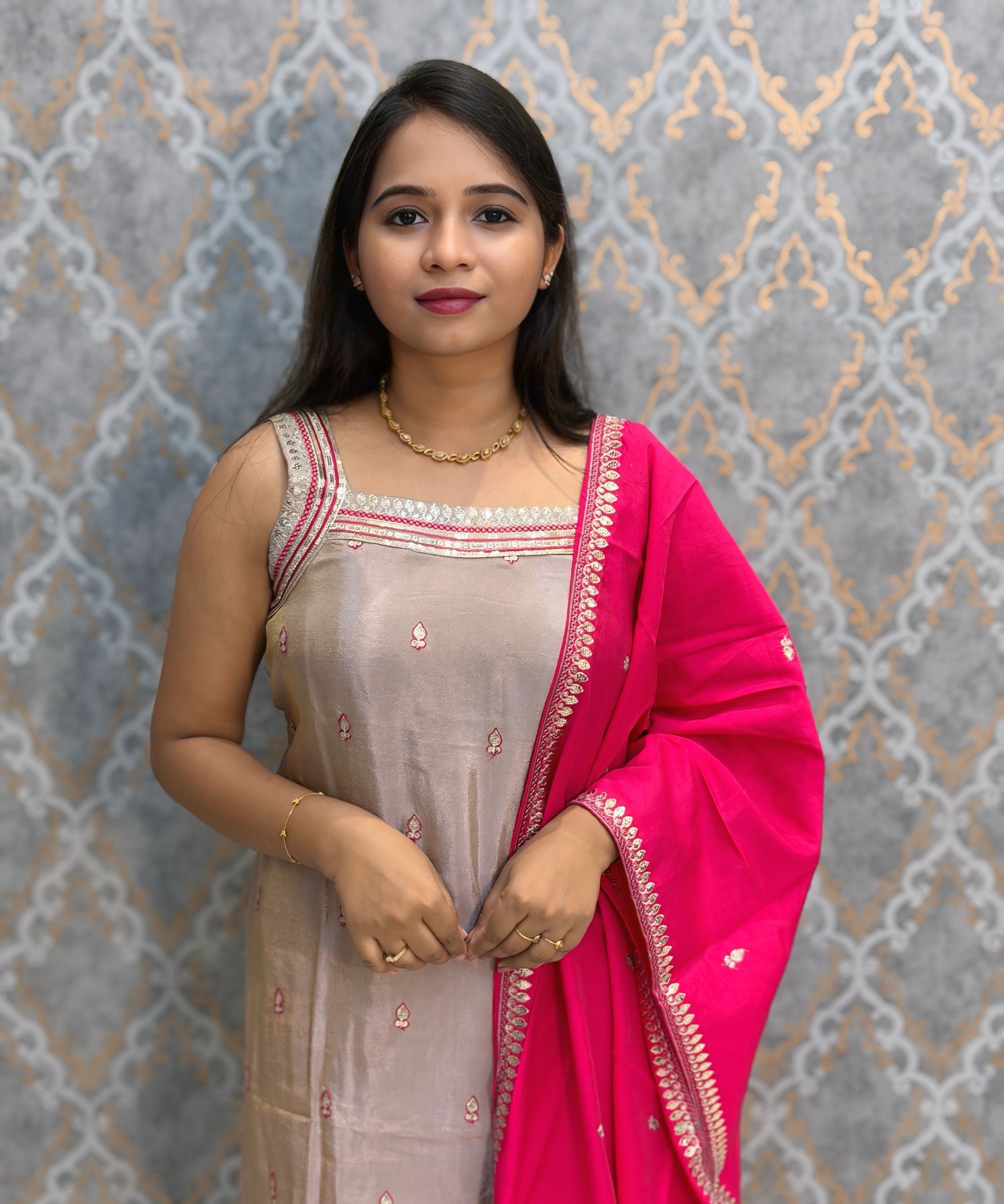 Rose Taupe Silver and Rani Pink Color Designer Ethnic 3 Piece Salwar Set with Lining (With Sleeves) /  ESS412