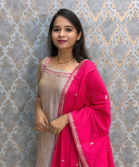 Rose Taupe Silver and Rani Pink Color Designer Ethnic 3 Piece Salwar Set with Lining (With Sleeves) /  ESS412