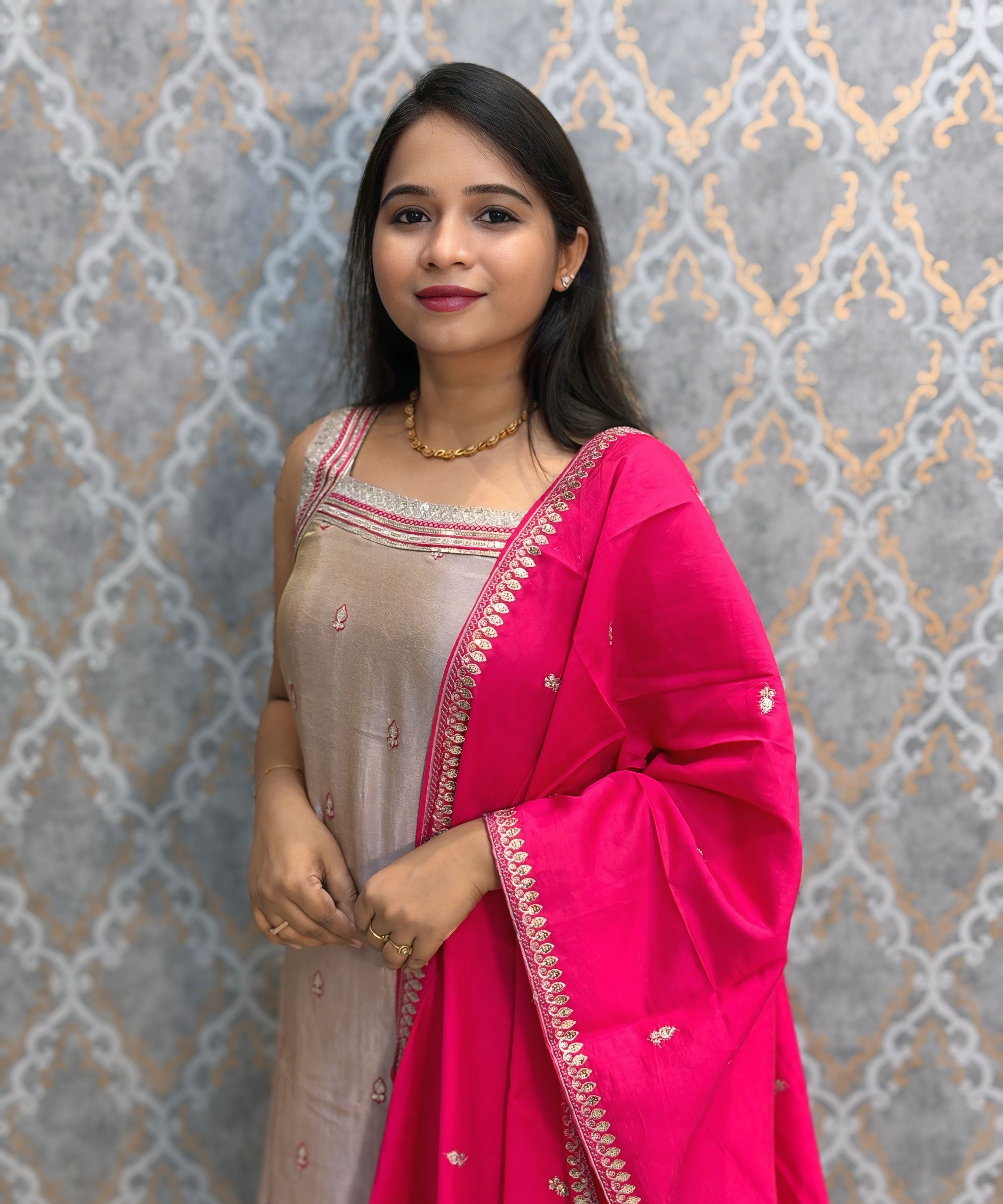 Rose Taupe Silver and Rani Pink Color Designer Ethnic 3 Piece Salwar Set with Lining (With Sleeves) /  ESS412