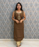 Brown and Beige Color Designer Ethnic 3 Piece Salwar Set with Lining (With Sleeves) /  ESS412