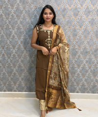 Brown and Beige Color Designer Ethnic 3 Piece Salwar Set with Lining (With Sleeves) /  ESS412