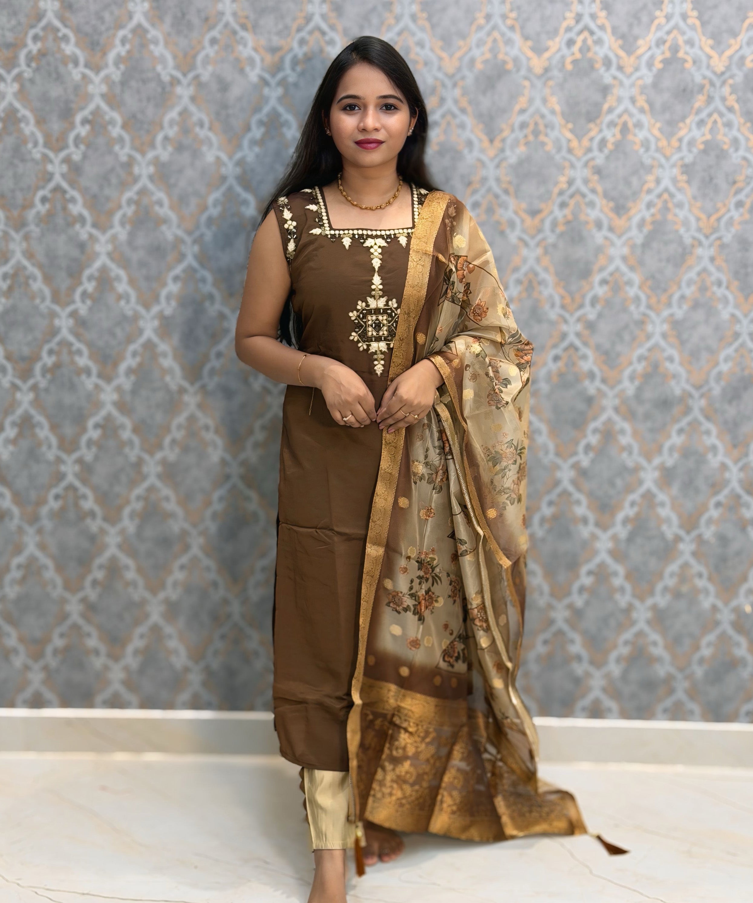Brown and Beige Color Designer Ethnic 3 Piece Salwar Set with Lining (With Sleeves) /  ESS412