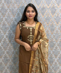 Brown and Beige Color Designer Ethnic 3 Piece Salwar Set with Lining (With Sleeves) /  ESS412