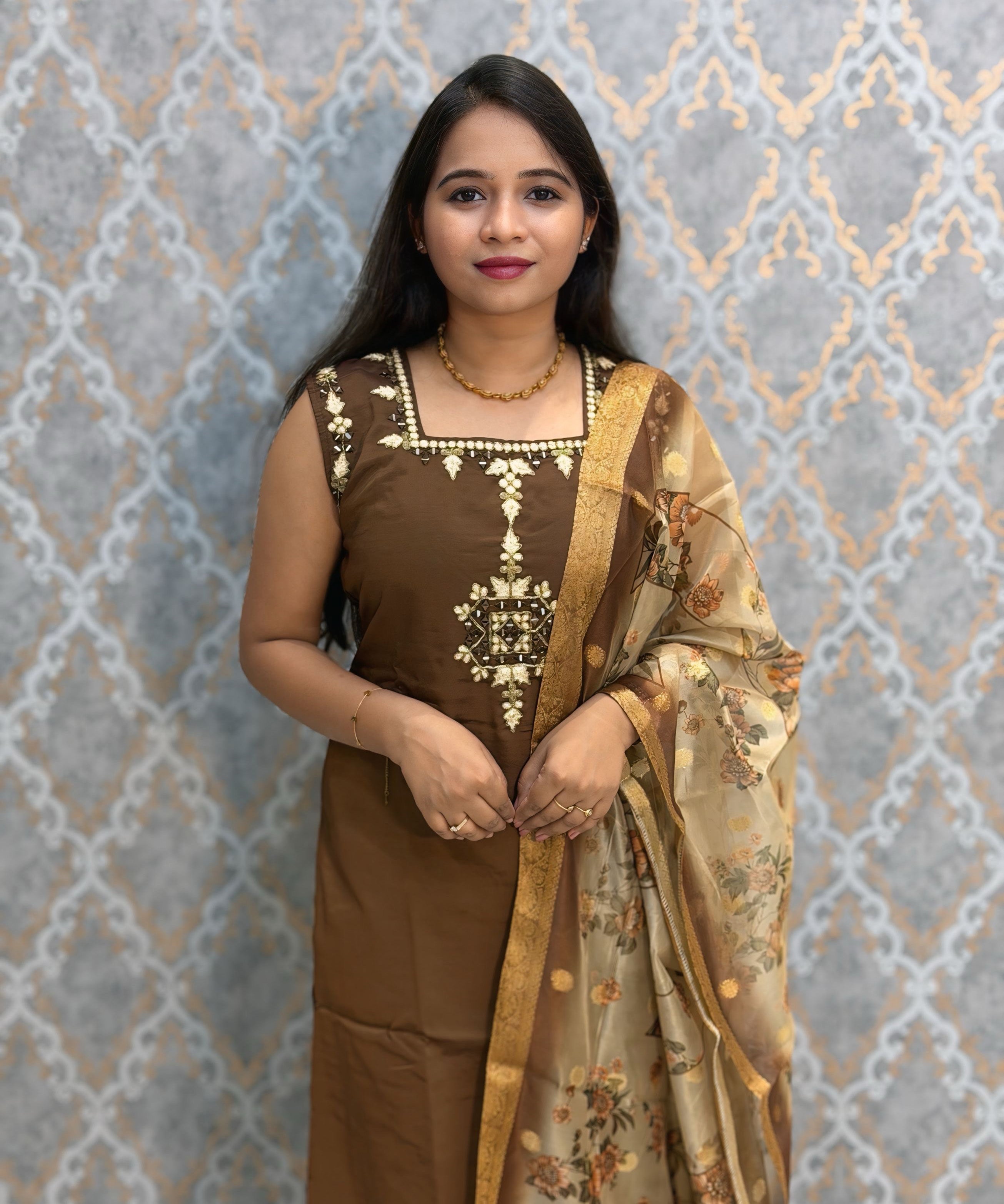 Brown and Beige Color Designer Ethnic 3 Piece Salwar Set with Lining (With Sleeves) /  ESS412