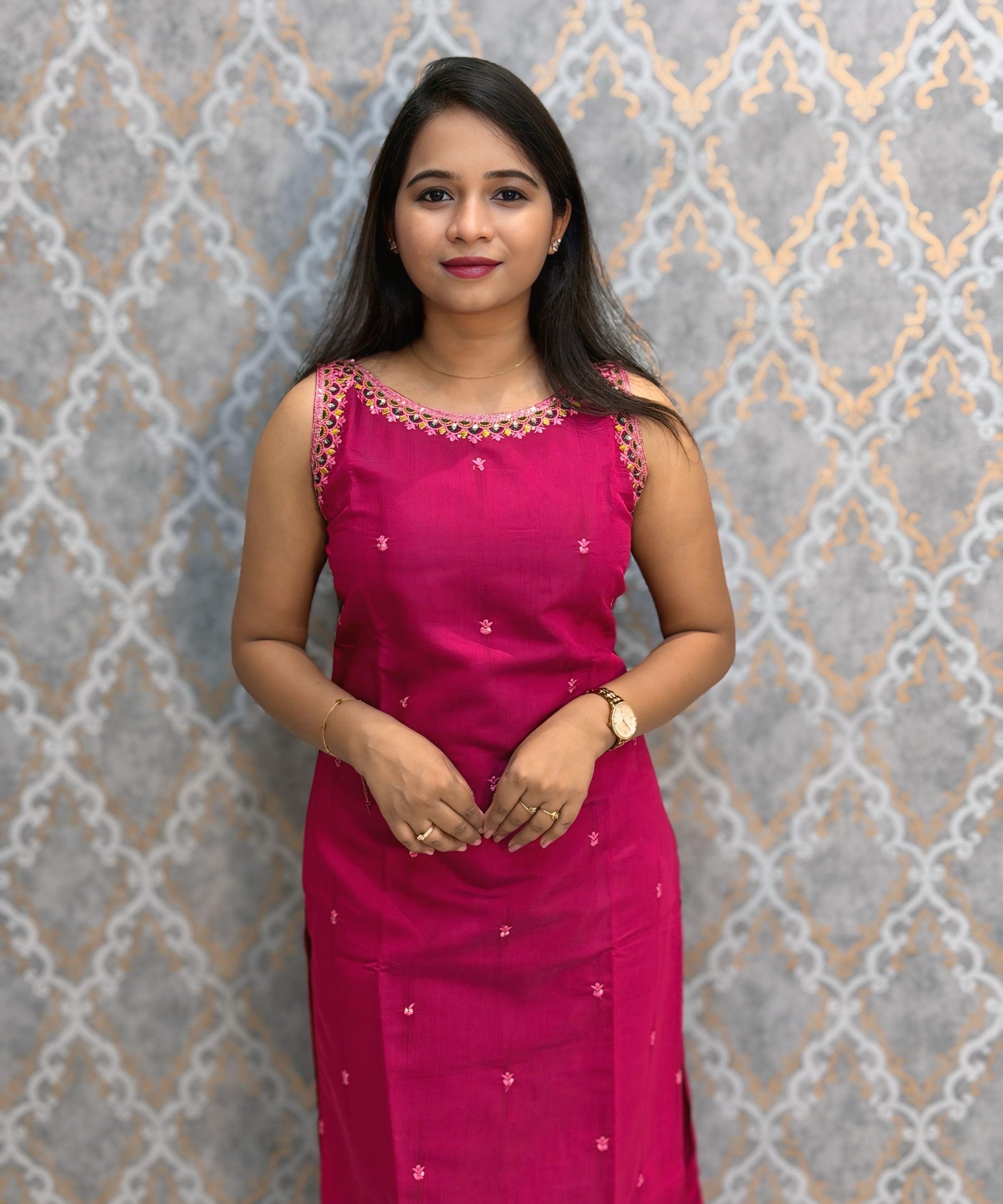 Dark Pink and Yellow Color Designer Ethnic 3 Piece Salwar Set with Lining (With Sleeves) /  ESS412