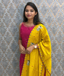 Dark Pink and Yellow Color Designer Ethnic 3 Piece Salwar Set with Lining (With Sleeves) /  ESS412