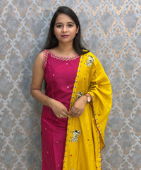 Dark Pink and Yellow Color Designer Ethnic 3 Piece Salwar Set with Lining (With Sleeves) /  ESS412