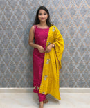 Dark Pink and Yellow Color Designer Ethnic 3 Piece Salwar Set with Lining (With Sleeves) /  ESS412