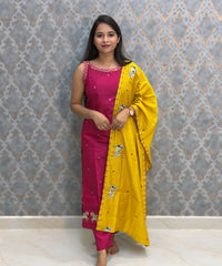 Dark Pink and Yellow Color Designer Ethnic 3 Piece Salwar Set with Lining (With Sleeves) /  ESS412