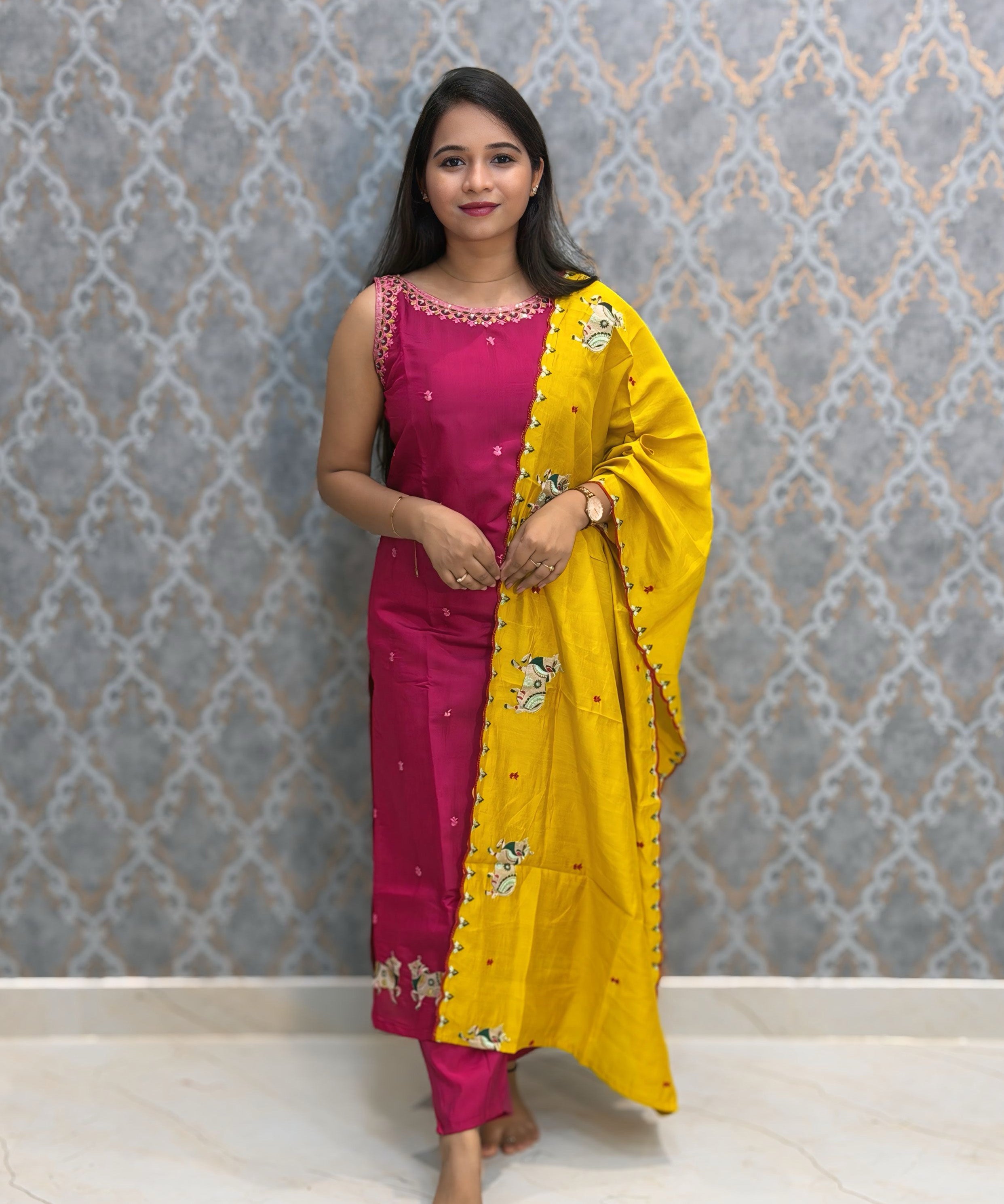 Dark Pink and Yellow Color Designer Ethnic 3 Piece Salwar Set with Lining (With Sleeves) /  ESS412