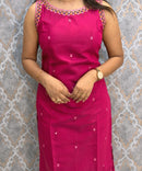Dark Pink and Yellow Color Designer Ethnic 3 Piece Salwar Set with Lining (With Sleeves) /  ESS412