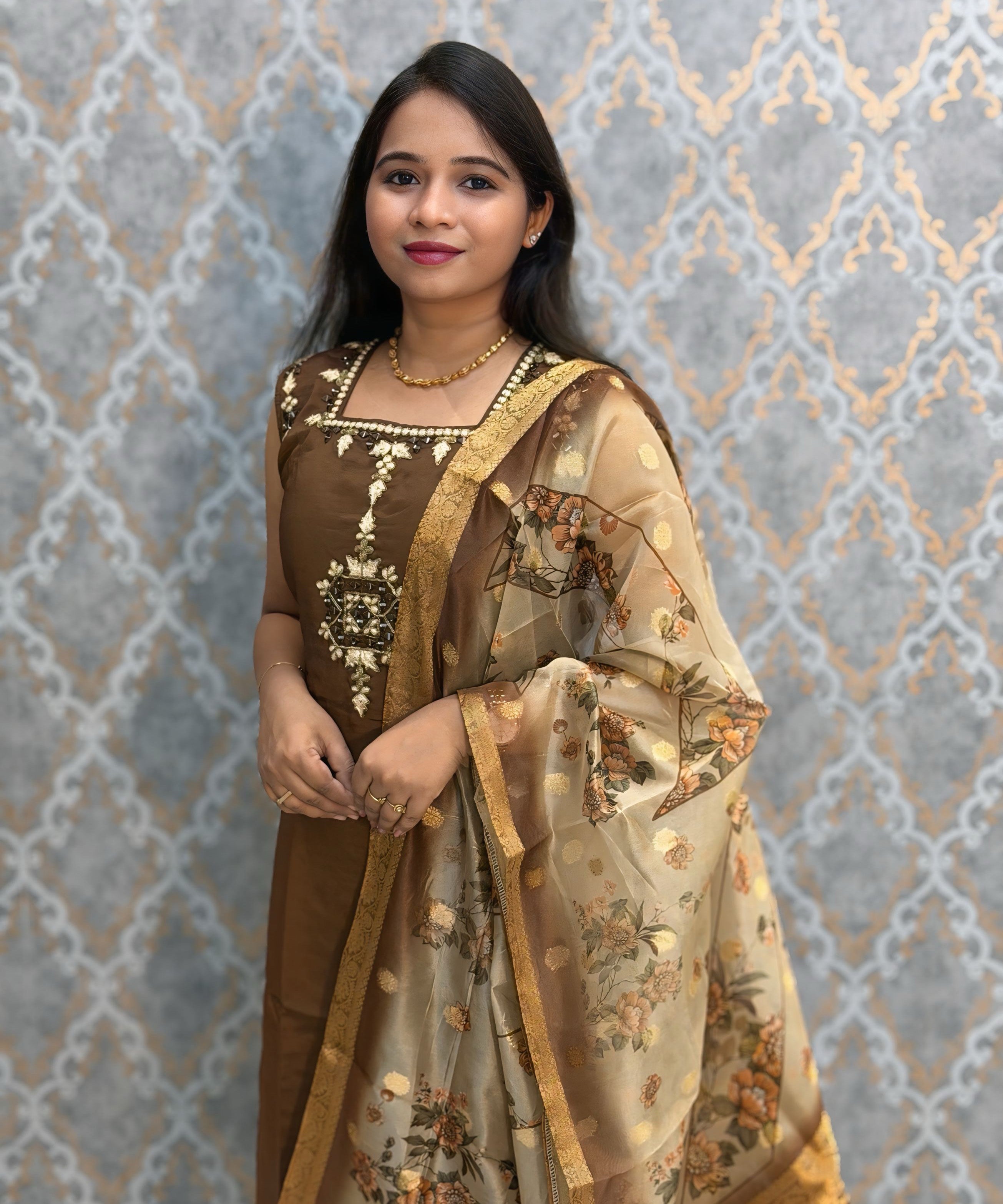 Brown and Beige Color Designer Ethnic 3 Piece Salwar Set with Lining (With Sleeves) /  ESS412
