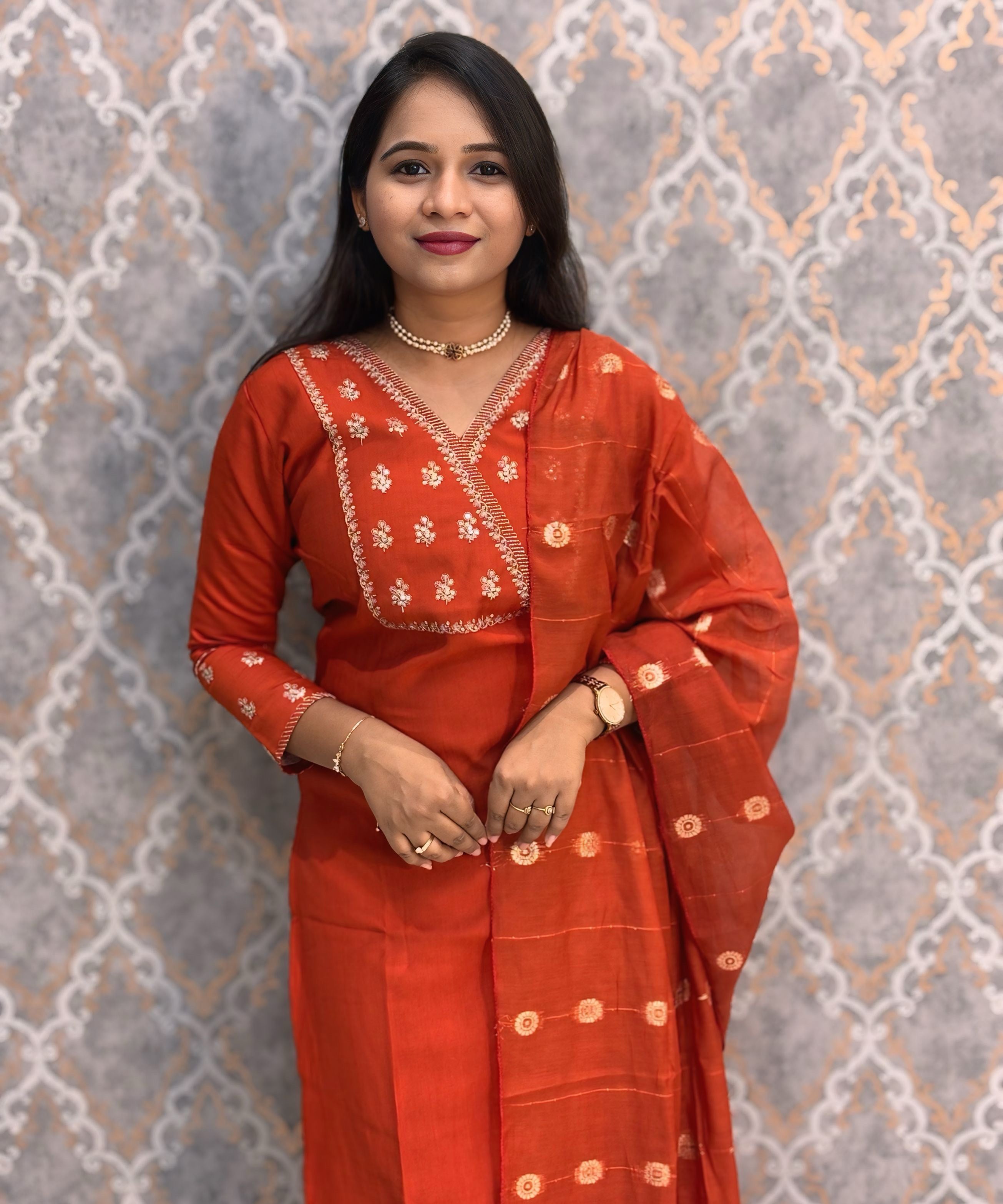 Rust Orange Color V Neck Designer Ethnic Salwar Set / ESS378