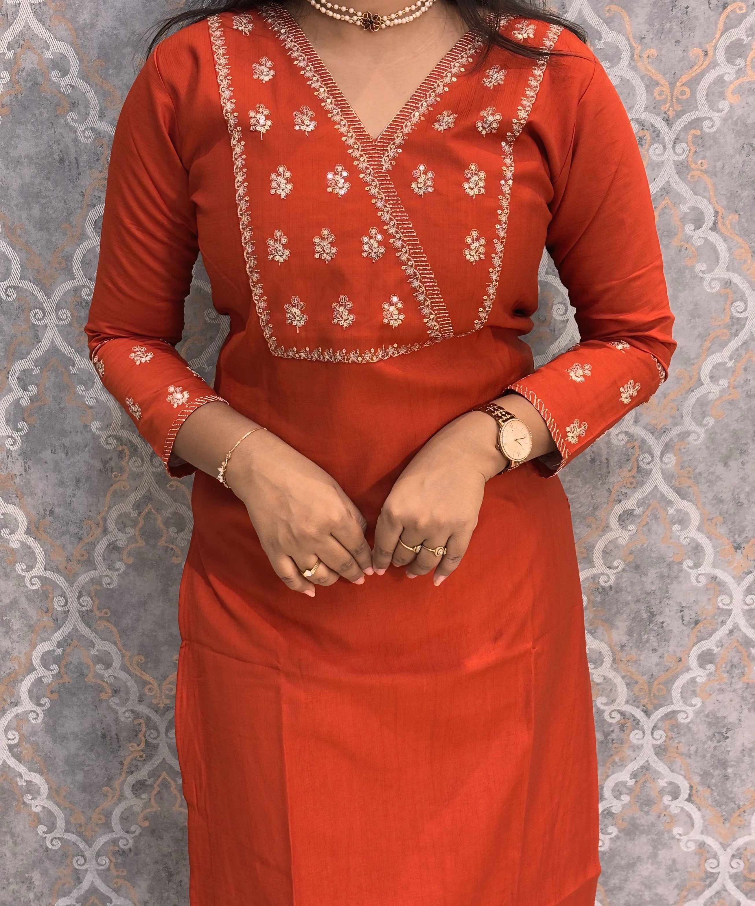 Rust Orange Color V Neck Designer Ethnic Salwar Set / ESS378