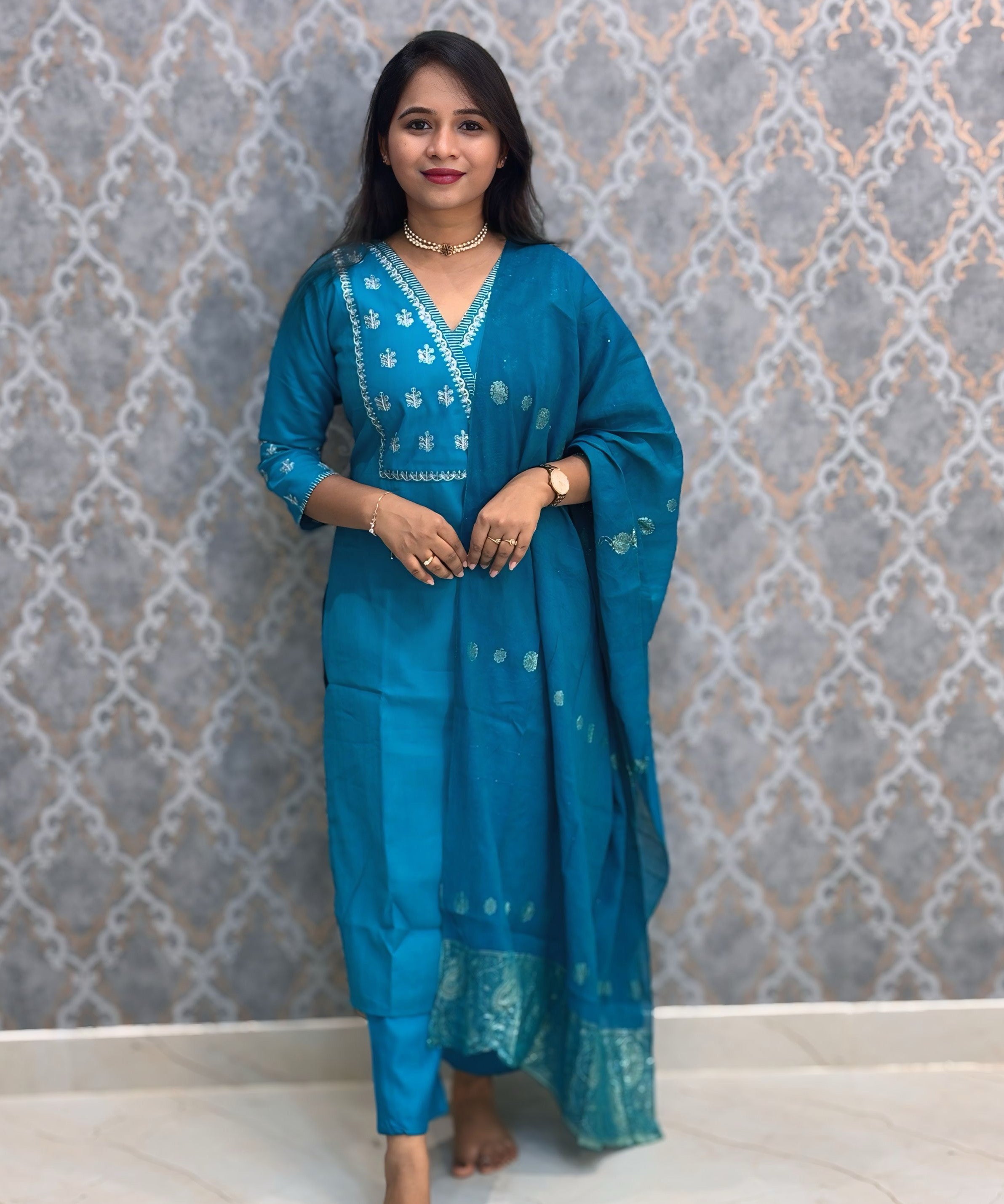 Peacock Blue Color V Neck Designer Ethnic Salwar Set / ESS378