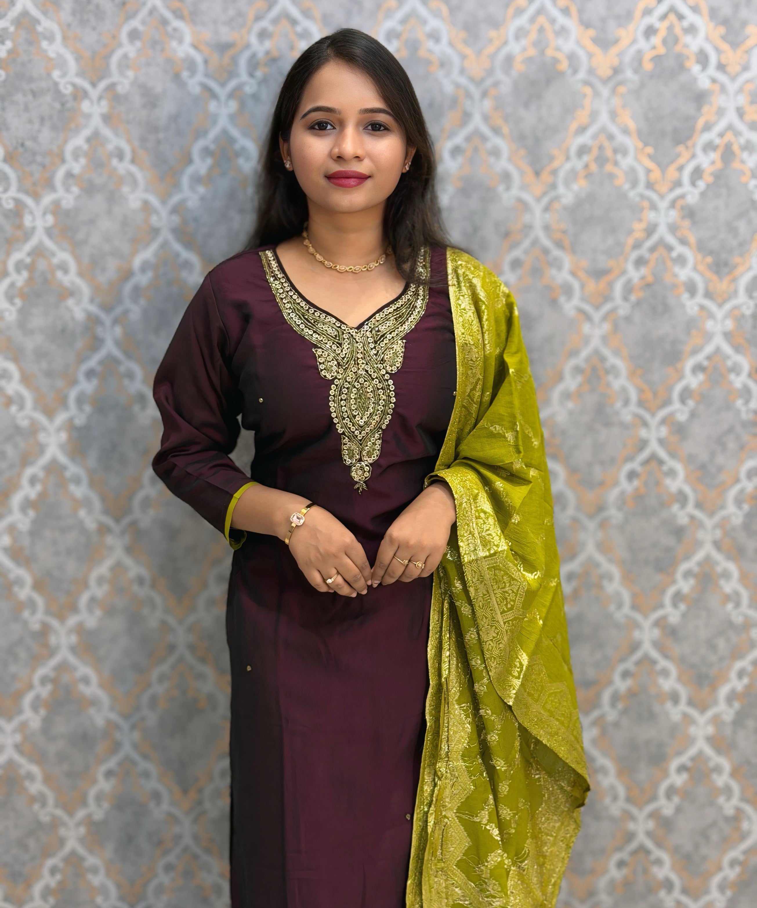 Dark Maroon and Green Color Designer Ethnic Salwar Set / ESS404