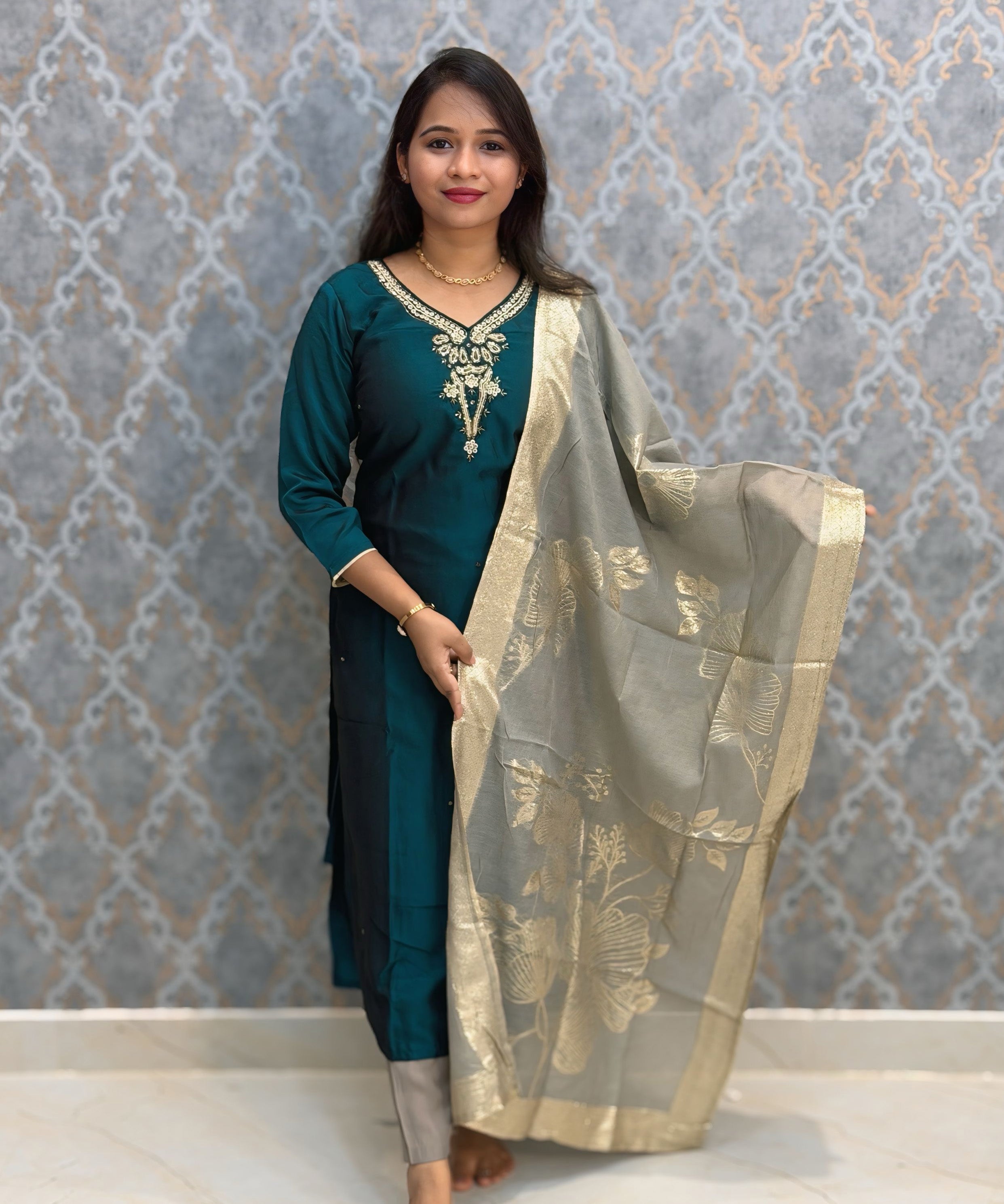 Green and Beige Color Designer Ethnic Salwar Set / ESS404