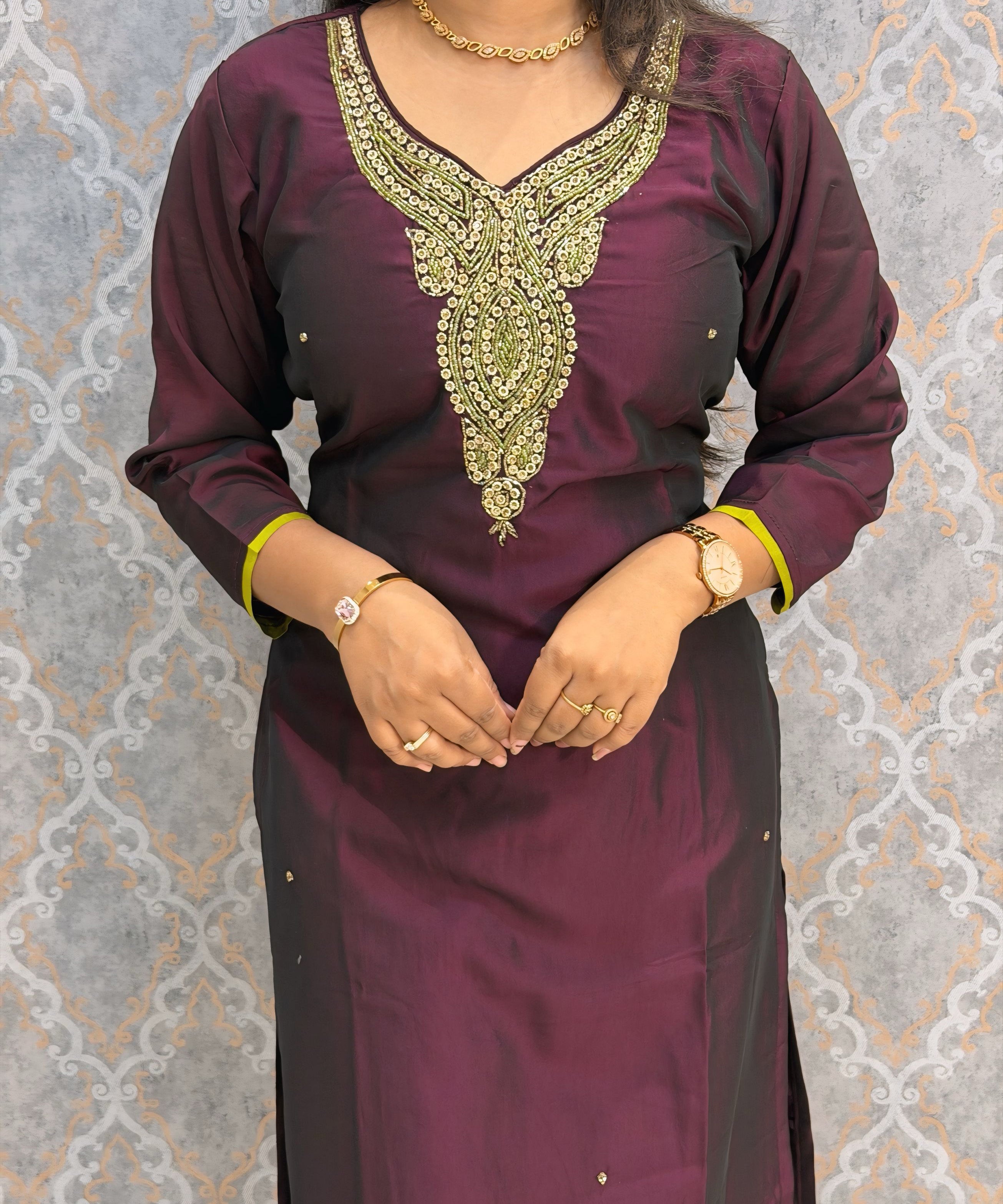 Dark Maroon and Green Color Designer Ethnic Salwar Set / ESS404