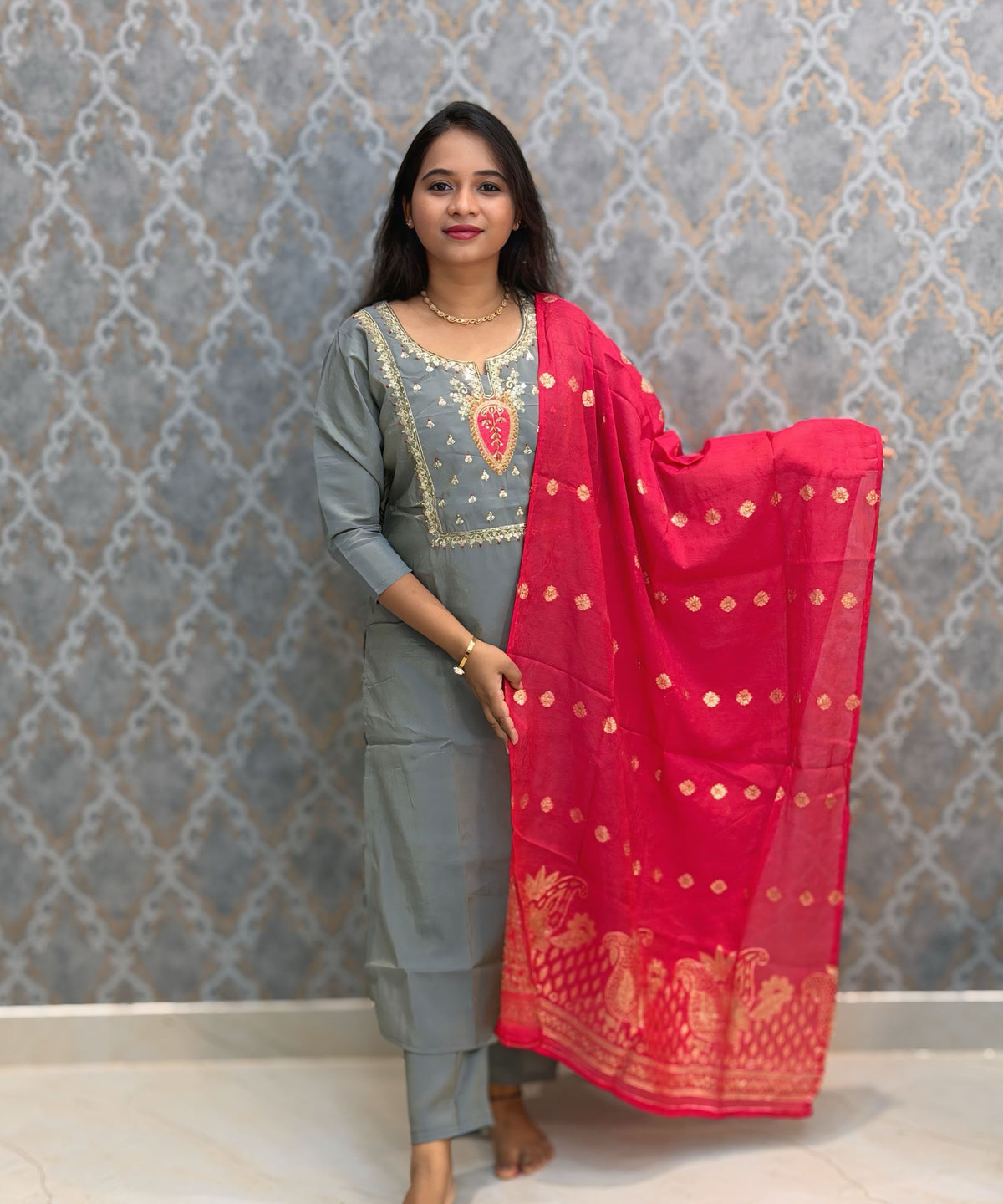 Gray and Pink Color Designer Ethnic Salwar Set / ESS424