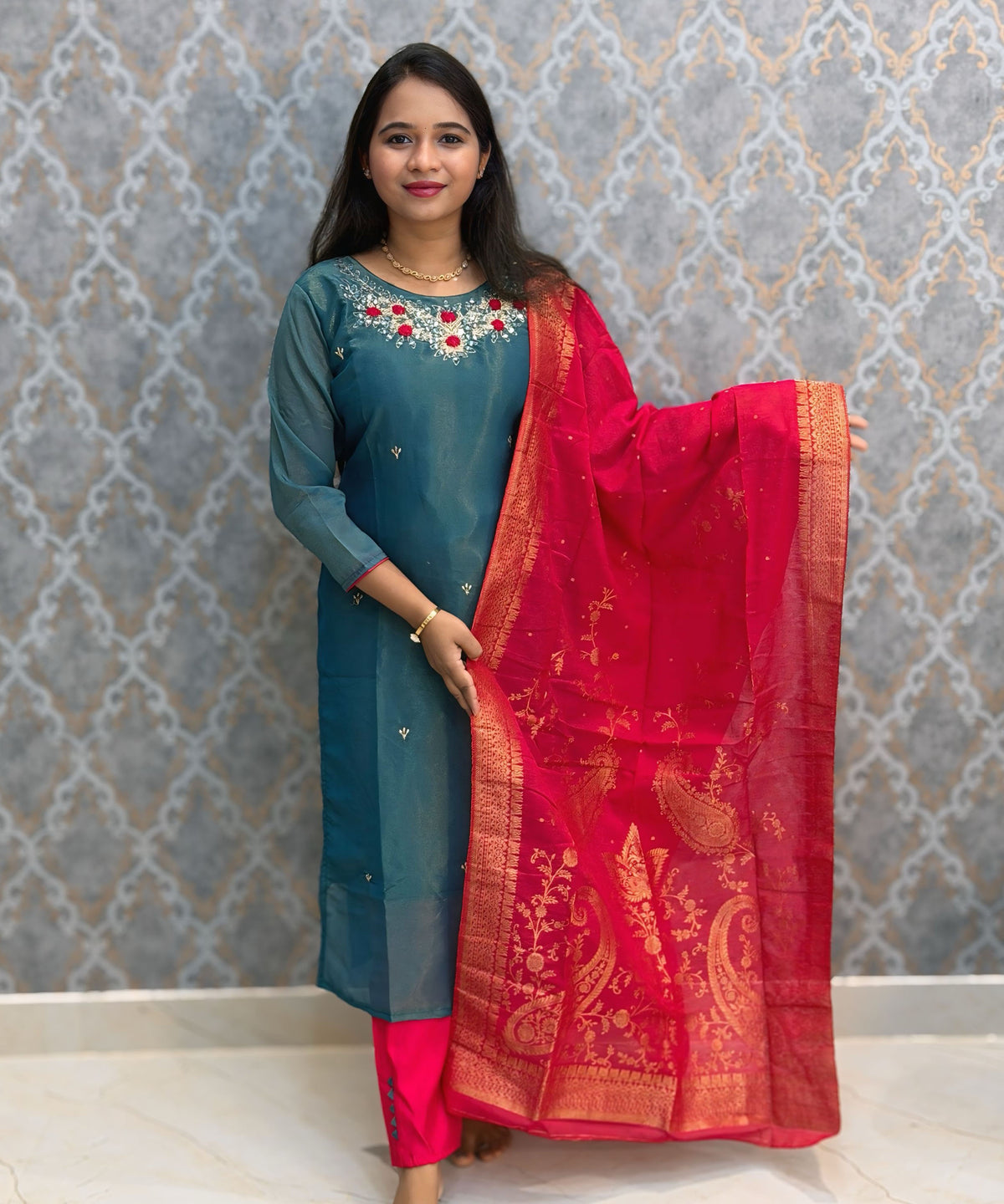Rama Bule and Pink Color Designer Ethnic Salwar Set / ESS424