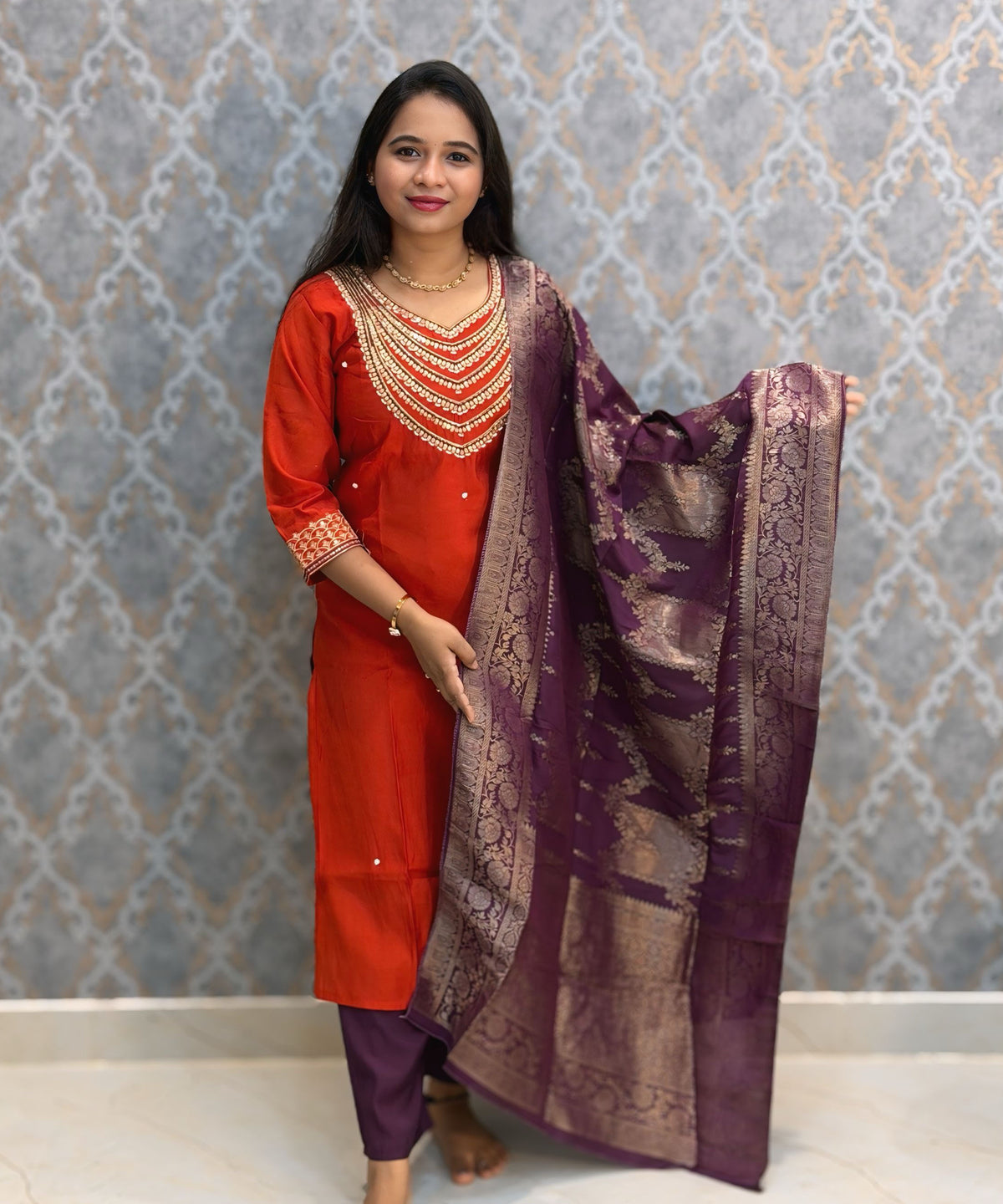 Rust Orange and Purple Color Designer Ethnic Salwar Set / ESS424