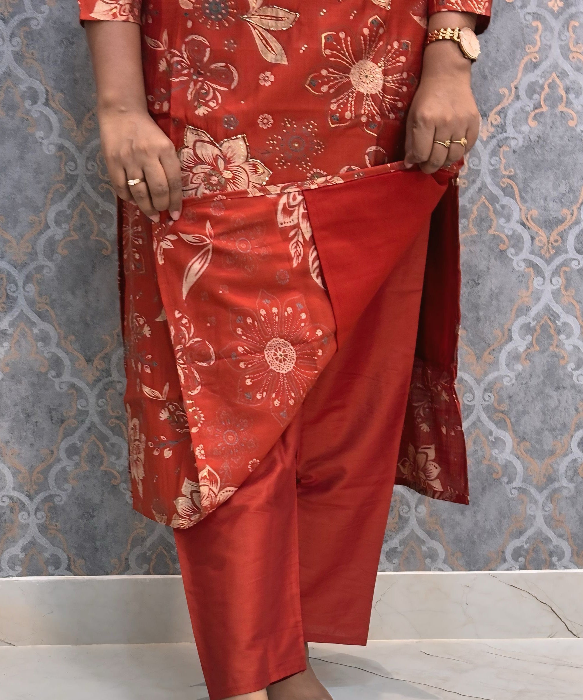 Rust Orange Color V Neck Designer Ethnic Salwar Set with Lining  / ESS381