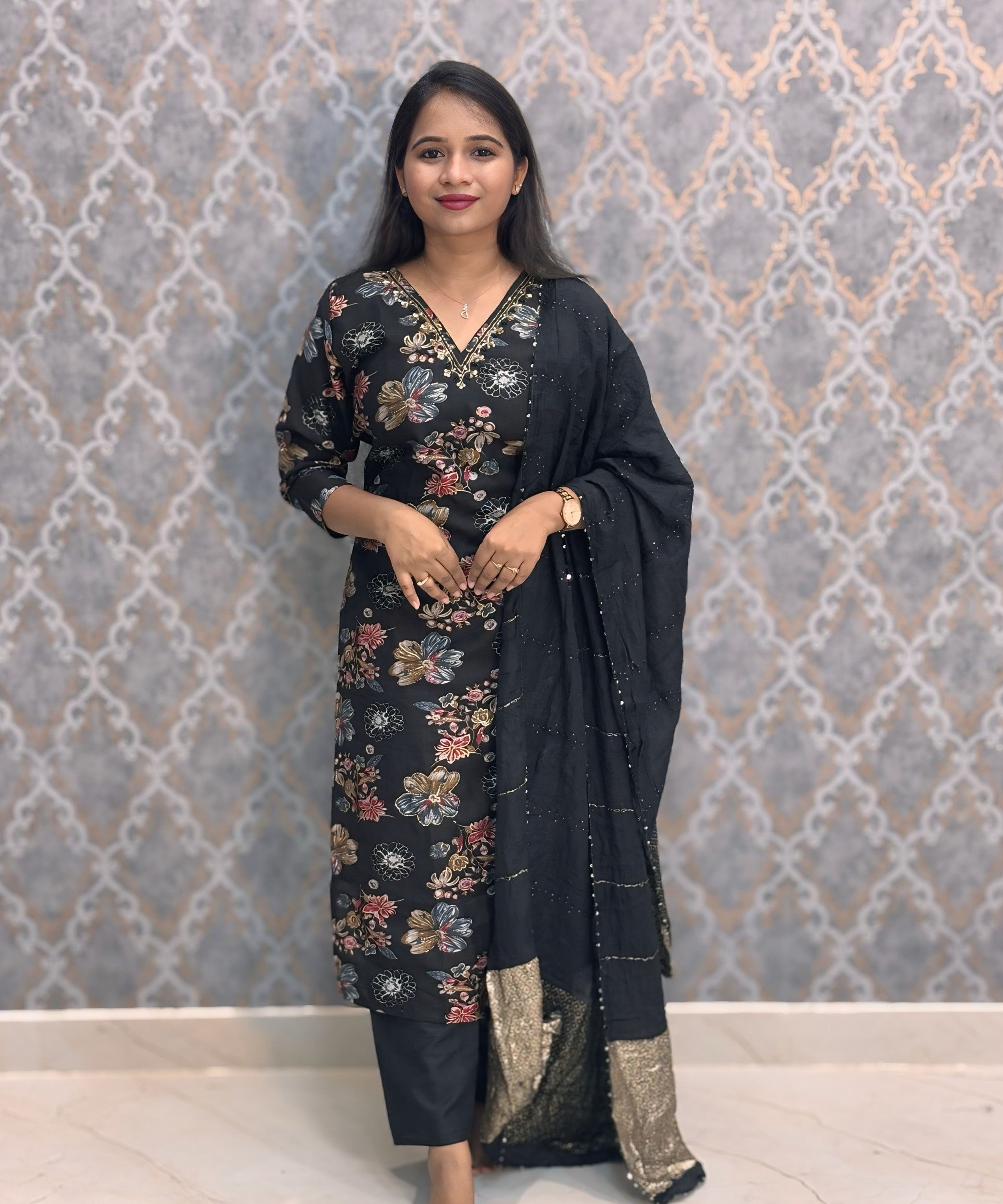 Black and Blue Color V Neck Designer Ethnic Salwar Set with Lining  / ESS381