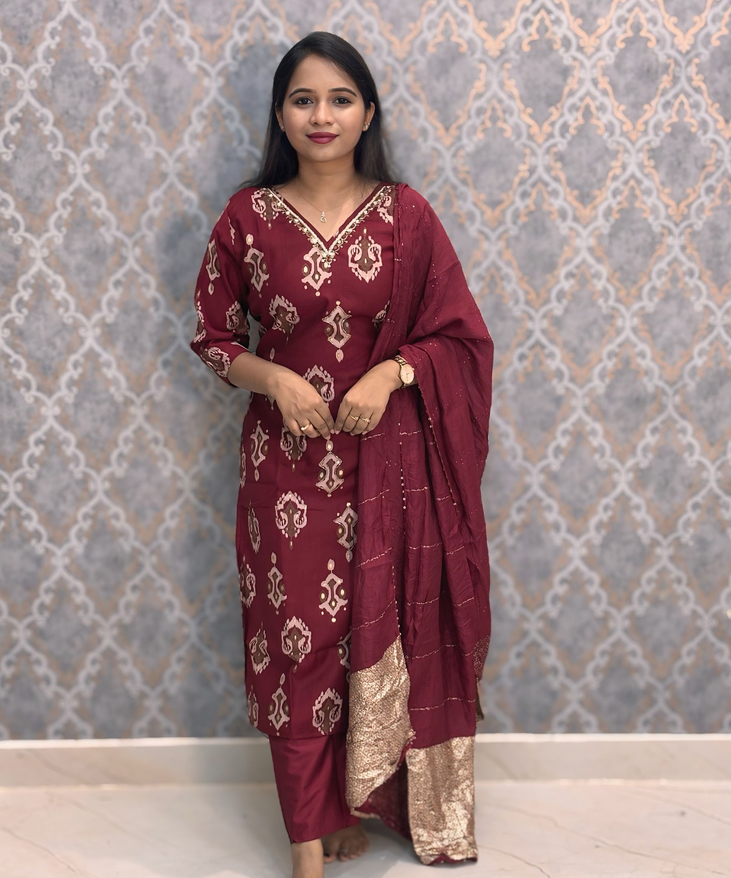 Maroon Color V Neck Designer Ethnic Salwar Set with Lining  / ESS381