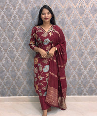 Maroon and Blue Color V Neck Designer Ethnic Salwar Set with Lining  / ESS381