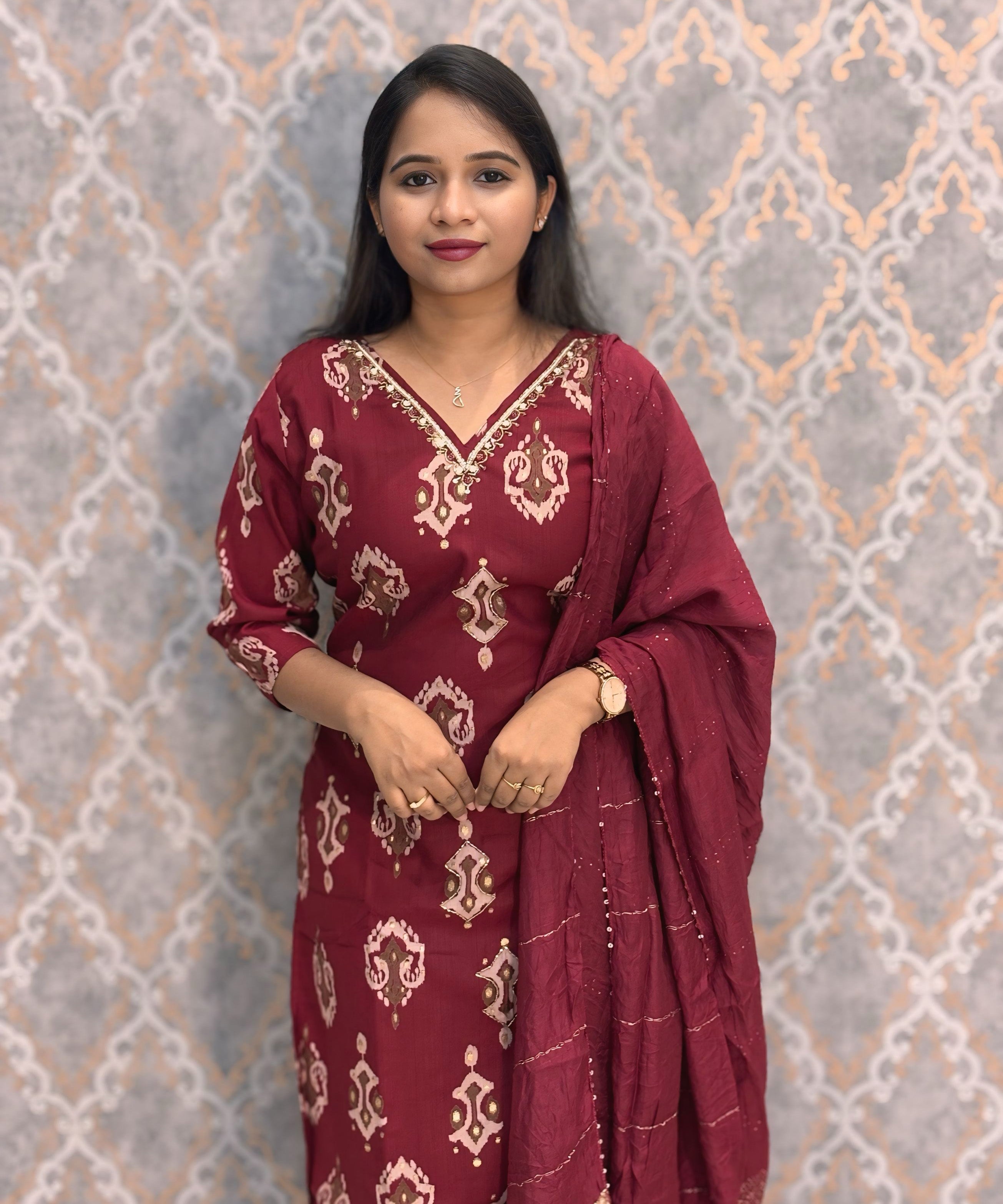 Maroon Color V Neck Designer Ethnic Salwar Set with Lining  / ESS381