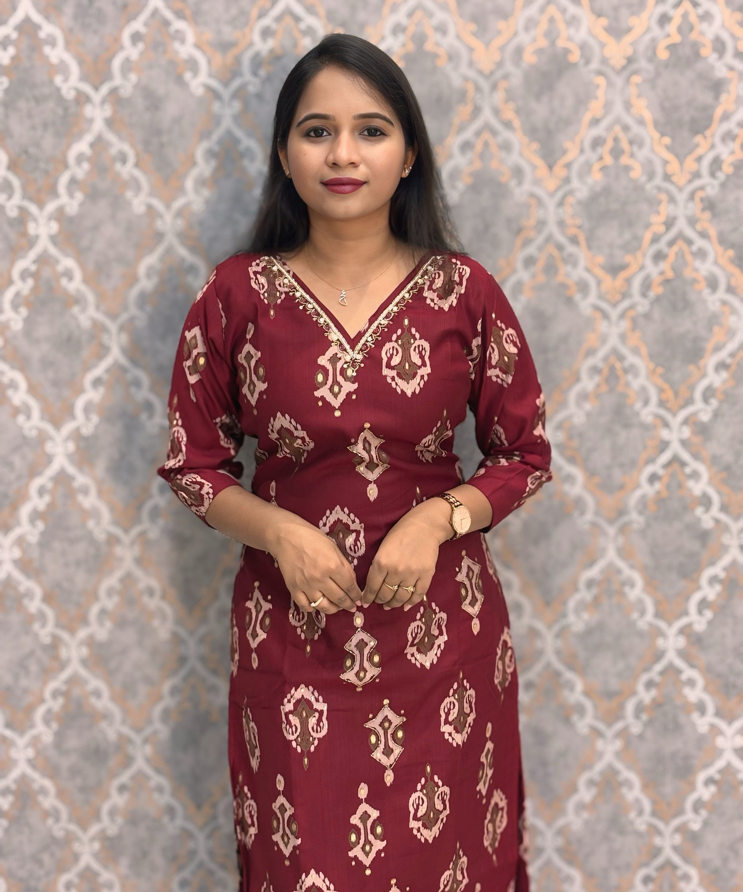 Maroon Color V Neck Designer Ethnic Salwar Set with Lining  / ESS381