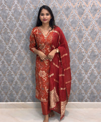 Rust Orange Color V Neck Designer Ethnic Salwar Set with Lining  / ESS381