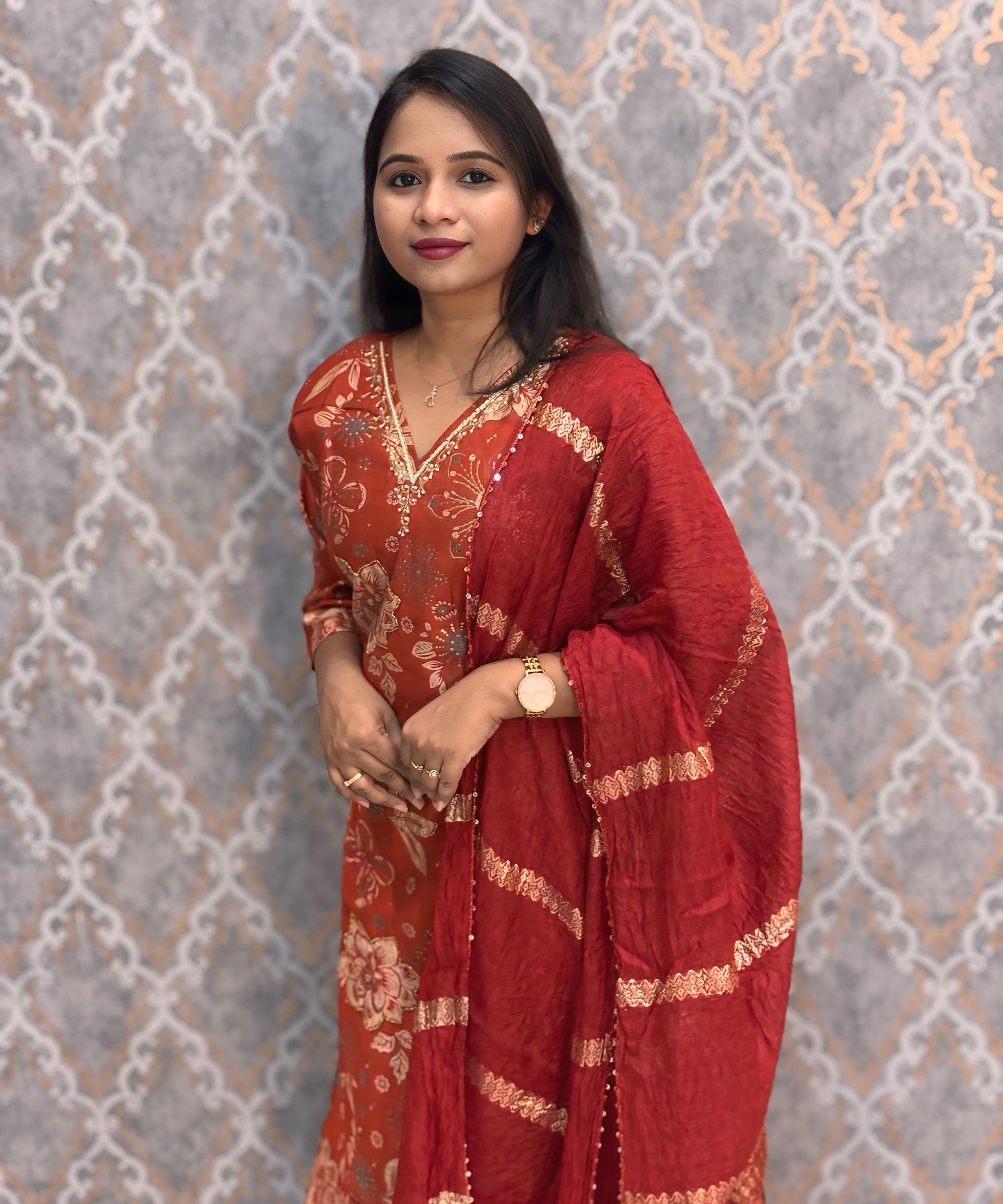 Rust Orange Color V Neck Designer Ethnic Salwar Set with Lining  / ESS381